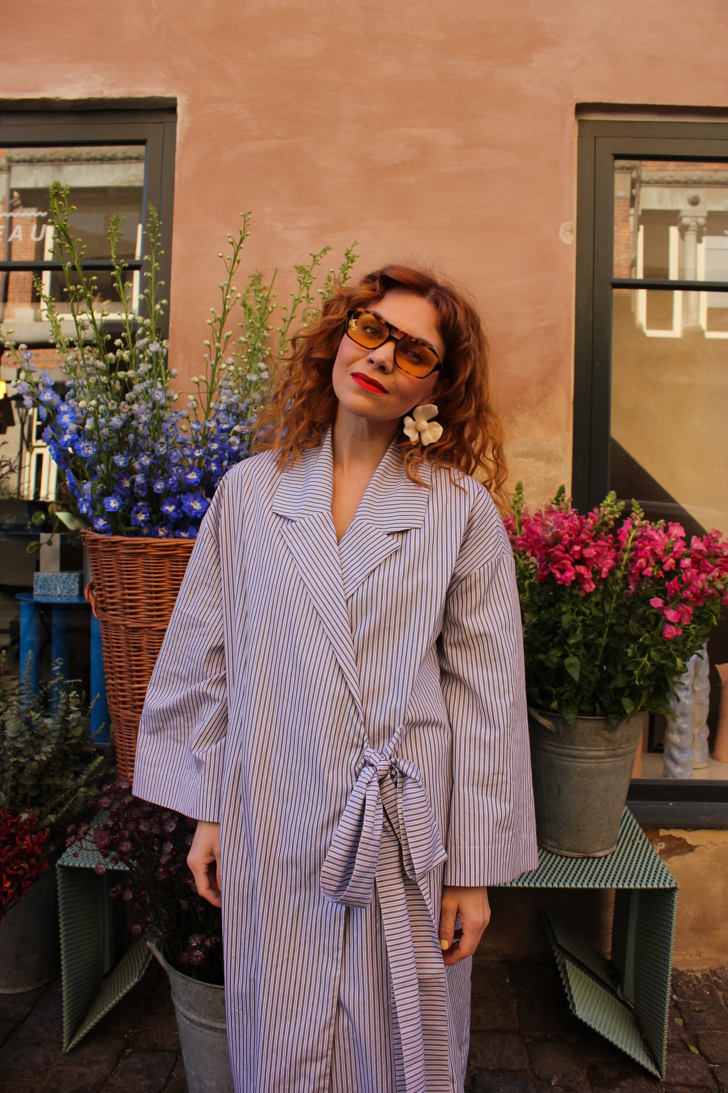 Yoko Kimono Blazer - Deep Moss and Purple Stripes