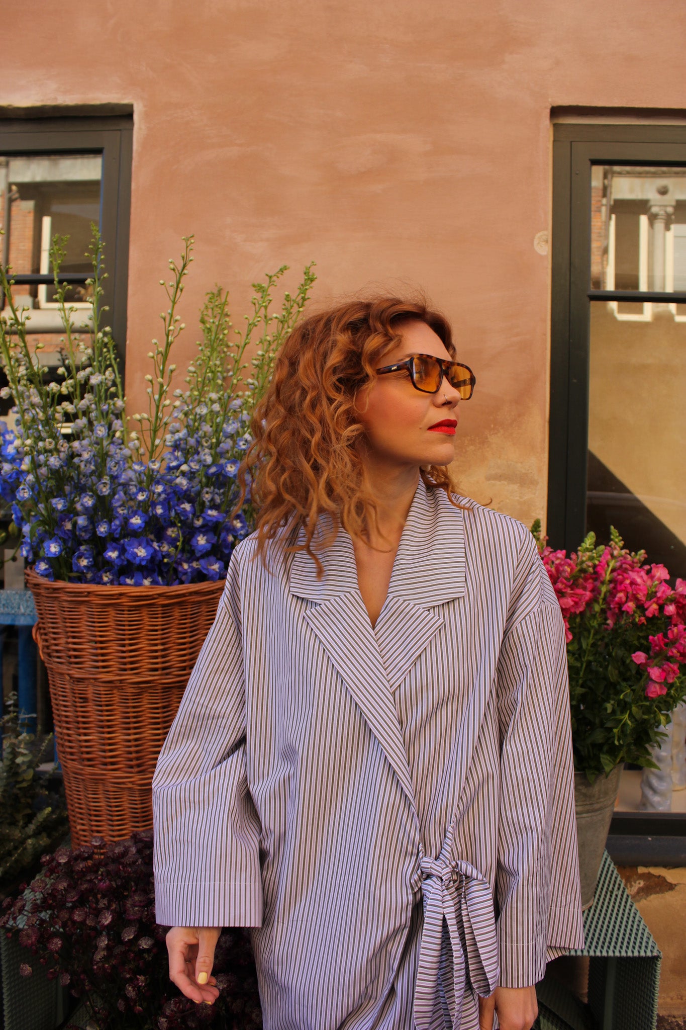 Yoko Kimono Blazer - Deep Moss and Purple Stripes